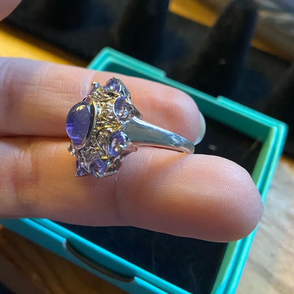 Sterling 925 Cabochon Tanzanite & Diamond Statement Cocktail Ring Size 7 - Picture 7 of 14